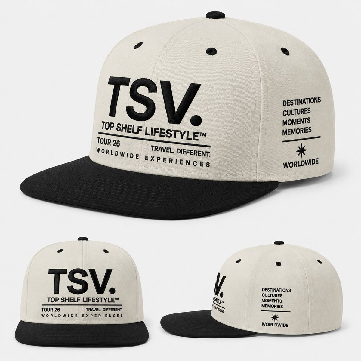 TSV Worldwide Experiences Tour ’26 Snapback — Cream/Black
